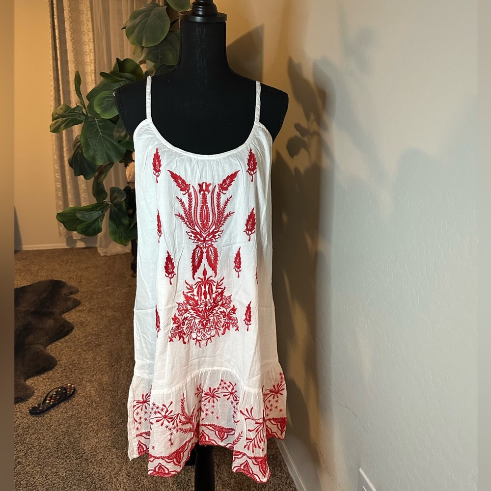 BOHO White and Red Embroidered Mini Dress
